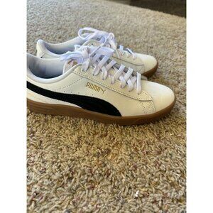 Puma Womens Leather Sneakers White/Black Gum Sole Classic Adjustable Lace Up 7.5